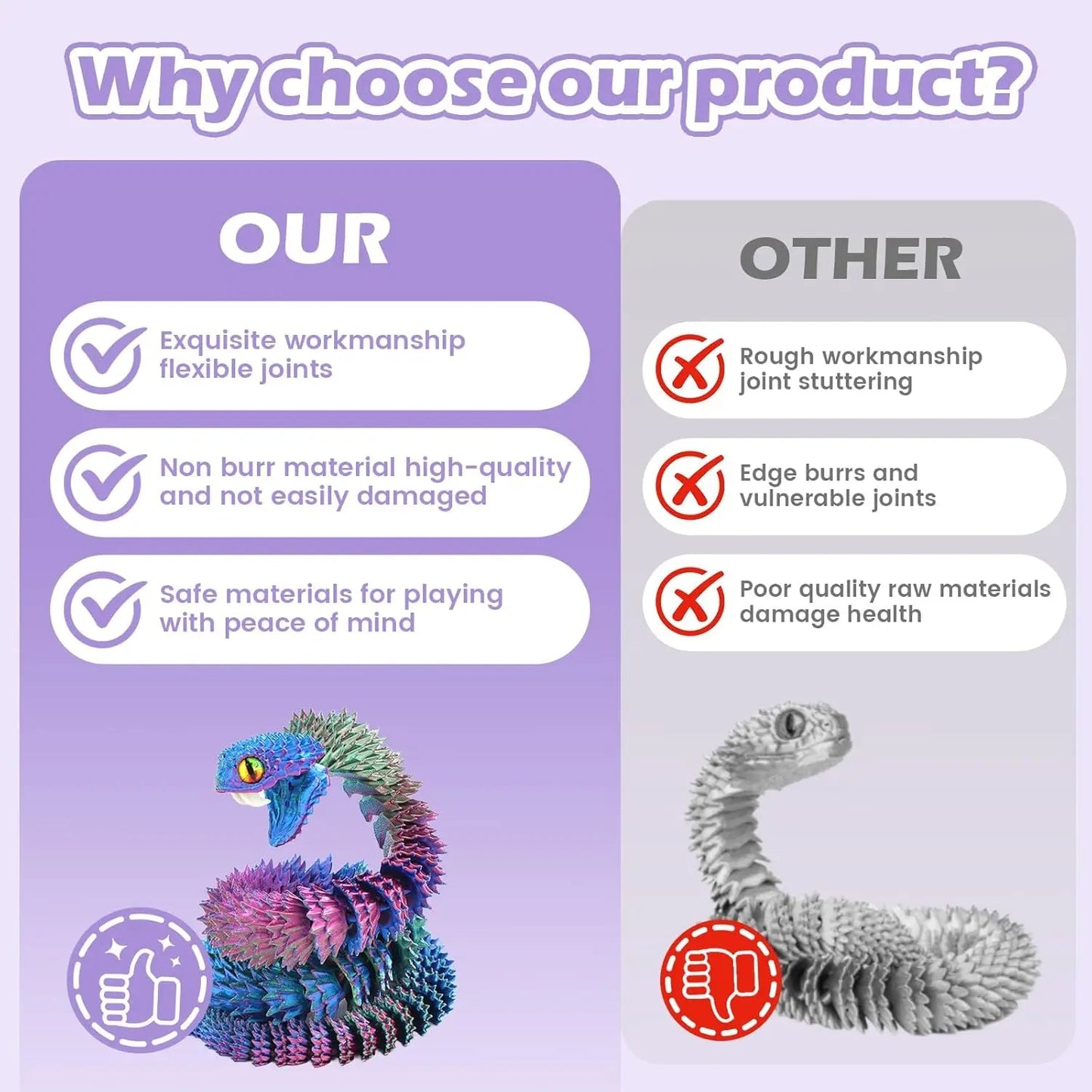 Jinccai Extra-Large 3D Printed Snake Figurine 23.62 Inches (60cm) Plastic Movable Flexible Joints Stress-Relief Fidget Elk-Valley 3D