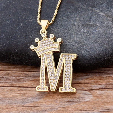 Nidin New Luxury Copper Zircon A-Z Crown Alphabet Pendant Chain Necklace Hip-Hop Style Fashion Woman Man Initial Name Jewelry Elk-Valley 3D