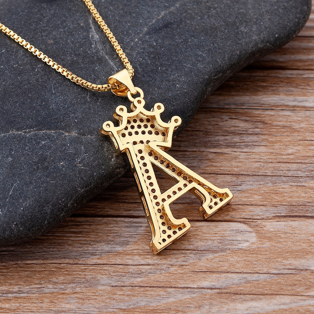 Nidin New Luxury Copper Zircon A-Z Crown Alphabet Pendant Chain Necklace Hip-Hop Style Fashion Woman Man Initial Name Jewelry Elk-Valley 3D