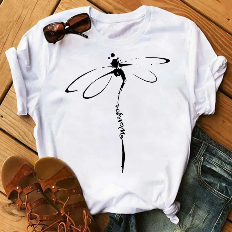 Maycaur Women's T-shirt Casual Kawaii Sunflower Butterfly Pattern Print Tshirt Comfortable Casual Women's Clothing Black Top Elk-Valley 3D