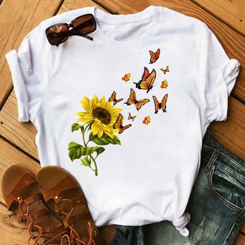 Maycaur Women's T-shirt Casual Kawaii Sunflower Butterfly Pattern Print Tshirt Comfortable Casual Women's Clothing Black Top Elk-Valley 3D