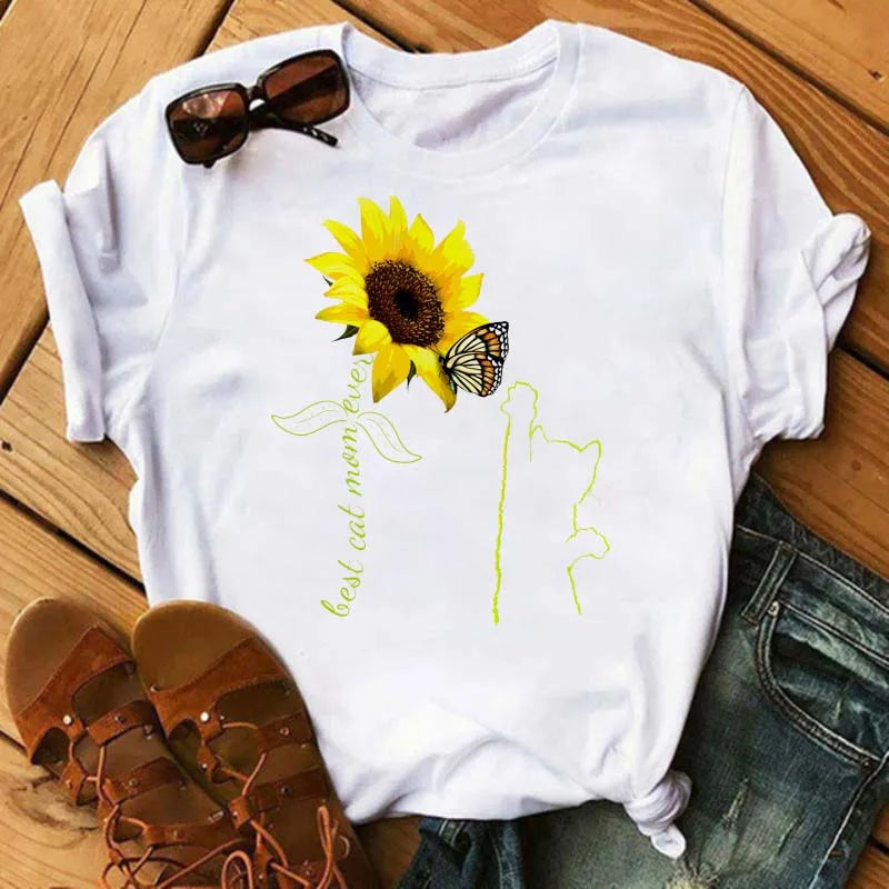 Maycaur Women's T-shirt Casual Kawaii Sunflower Butterfly Pattern Print Tshirt Comfortable Casual Women's Clothing Black Top Elk-Valley 3D