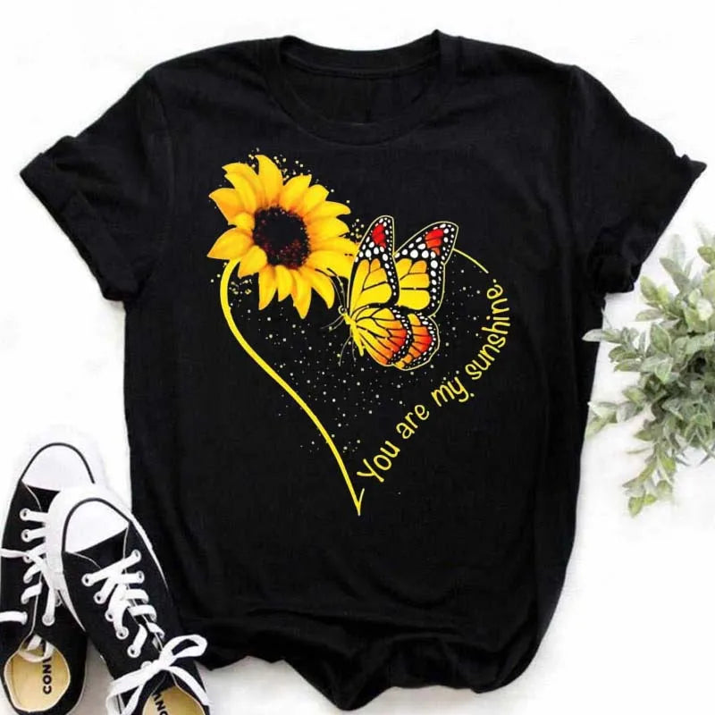 Maycaur Women's T-shirt Casual Kawaii Sunflower Butterfly Pattern Print Tshirt Comfortable Casual Women's Clothing Black Top Elk-Valley 3D
