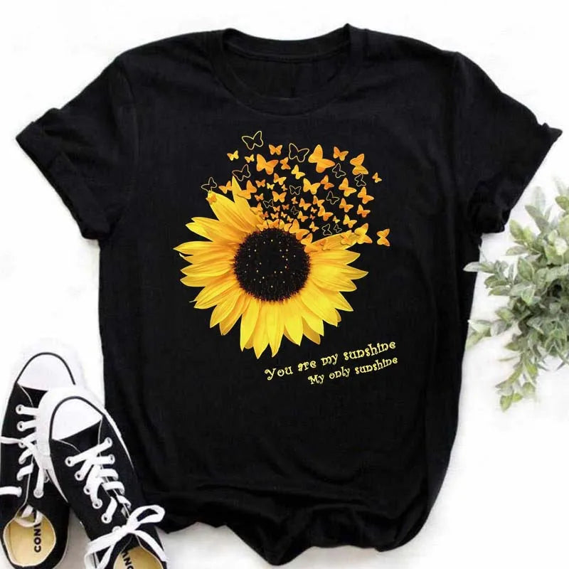 Maycaur Women's T-shirt Casual Kawaii Sunflower Butterfly Pattern Print Tshirt Comfortable Casual Women's Clothing Black Top Elk-Valley 3D