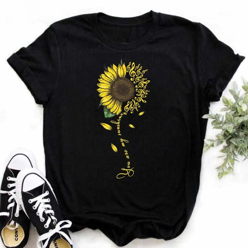 Maycaur Women's T-shirt Casual Kawaii Sunflower Butterfly Pattern Print Tshirt Comfortable Casual Women's Clothing Black Top Elk-Valley 3D