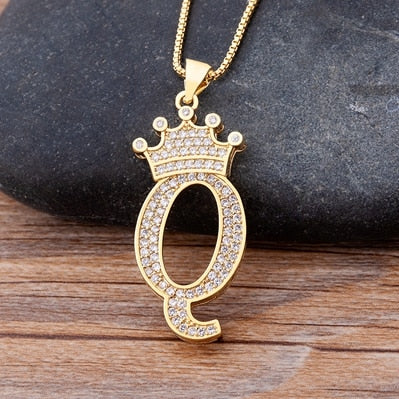 Nidin New Luxury Copper Zircon A-Z Crown Alphabet Pendant Chain Necklace Hip-Hop Style Fashion Woman Man Initial Name Jewelry Elk-Valley 3D