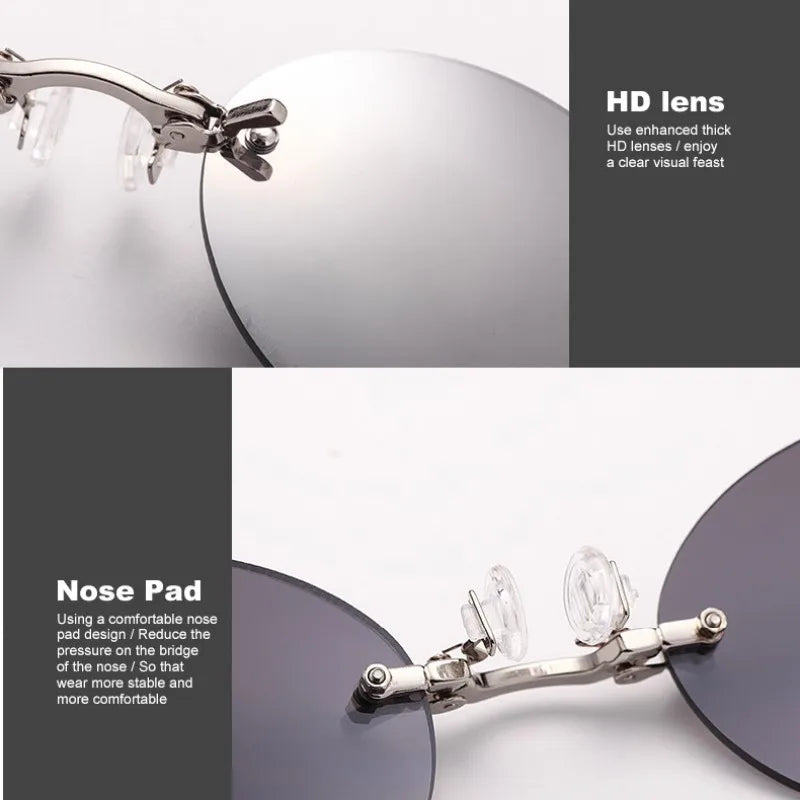 Round Clip-Nose Sunglasses Rimless Punk Clip On Sunglasses Women Men Driving Sunglasses Frameless Coating Eyeglasses UV400 Elk-Valley 3D