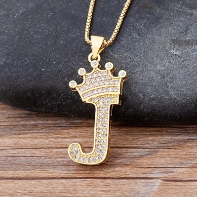 Nidin New Luxury Copper Zircon A-Z Crown Alphabet Pendant Chain Necklace Hip-Hop Style Fashion Woman Man Initial Name Jewelry Elk-Valley 3D