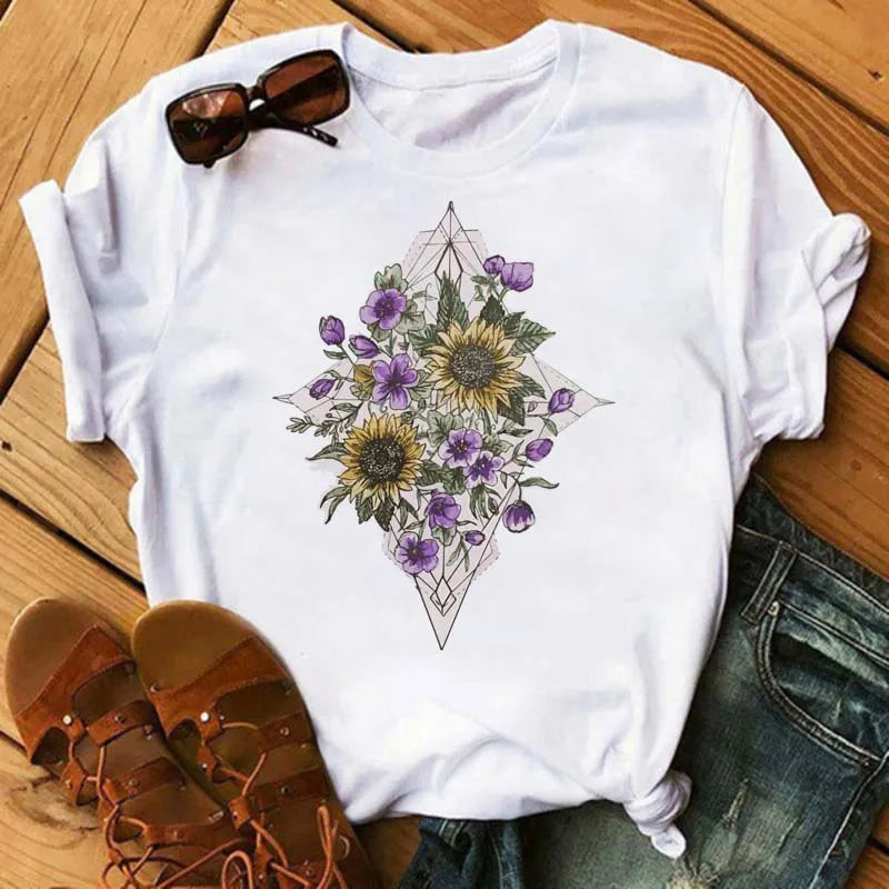 Maycaur Women's T-shirt Casual Kawaii Sunflower Butterfly Pattern Print Tshirt Comfortable Casual Women's Clothing Black Top Elk-Valley 3D