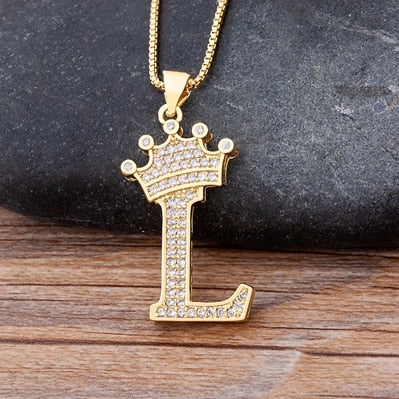 Nidin New Luxury Copper Zircon A-Z Crown Alphabet Pendant Chain Necklace Hip-Hop Style Fashion Woman Man Initial Name Jewelry Elk-Valley 3D