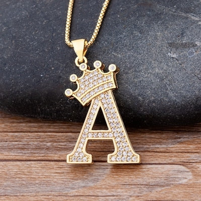 Nidin New Luxury Copper Zircon A-Z Crown Alphabet Pendant Chain Necklace Hip-Hop Style Fashion Woman Man Initial Name Jewelry Elk-Valley 3D