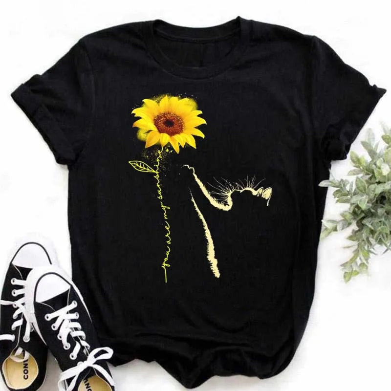 Maycaur Women's T-shirt Casual Kawaii Sunflower Butterfly Pattern Print Tshirt Comfortable Casual Women's Clothing Black Top Elk-Valley 3D