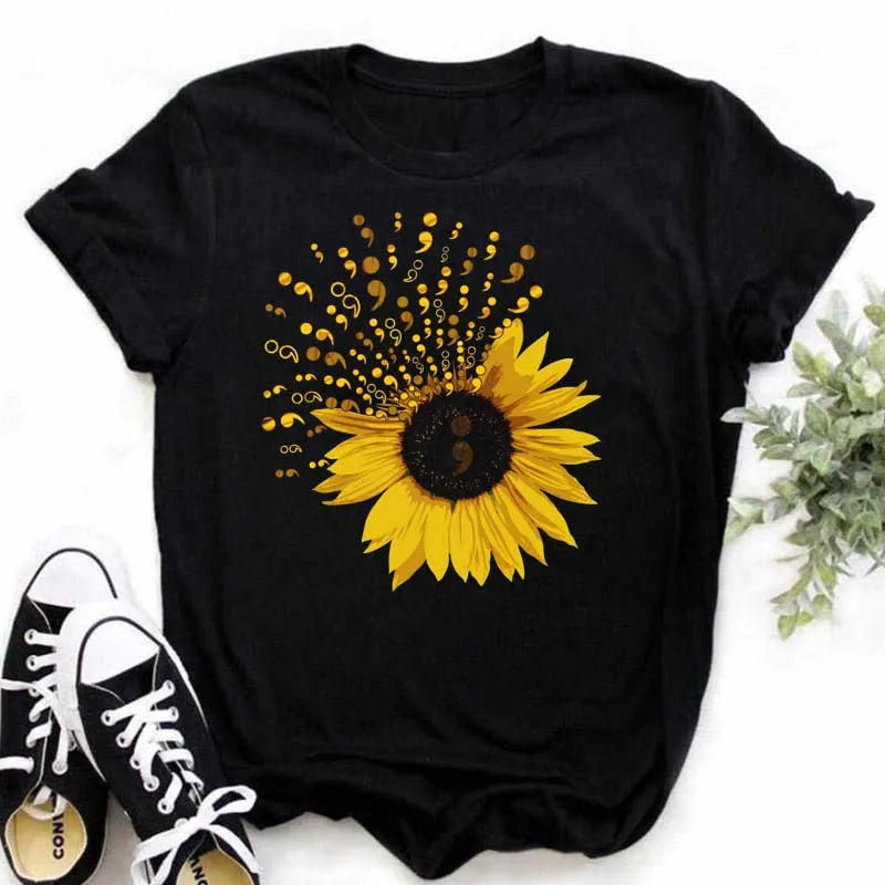 Maycaur Women's T-shirt Casual Kawaii Sunflower Butterfly Pattern Print Tshirt Comfortable Casual Women's Clothing Black Top Elk-Valley 3D