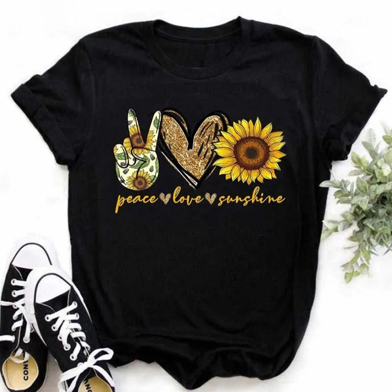 Maycaur Women's T-shirt Casual Kawaii Sunflower Butterfly Pattern Print Tshirt Comfortable Casual Women's Clothing Black Top Elk-Valley 3D