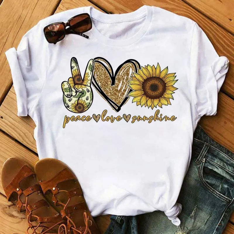 Maycaur Women's T-shirt Casual Kawaii Sunflower Butterfly Pattern Print Tshirt Comfortable Casual Women's Clothing Black Top Elk-Valley 3D