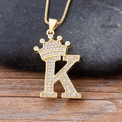 Nidin New Luxury Copper Zircon A-Z Crown Alphabet Pendant Chain Necklace Hip-Hop Style Fashion Woman Man Initial Name Jewelry Elk-Valley 3D