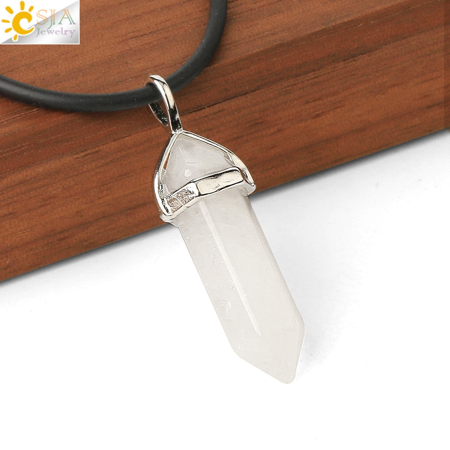 CSJA Real Raw Pink Purple Gem Crystals Necklace Hexagonal Bullet Reiki Chakra Natural Stone Necklace Pendant Women Jewelry E056