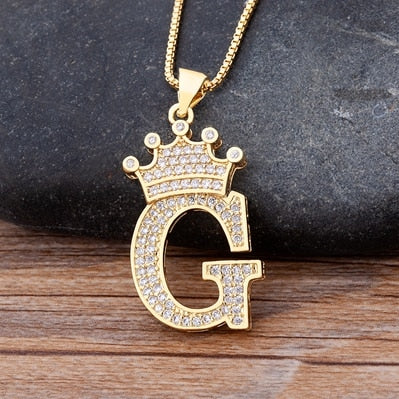 Nidin New Luxury Copper Zircon A-Z Crown Alphabet Pendant Chain Necklace Hip-Hop Style Fashion Woman Man Initial Name Jewelry Elk-Valley 3D