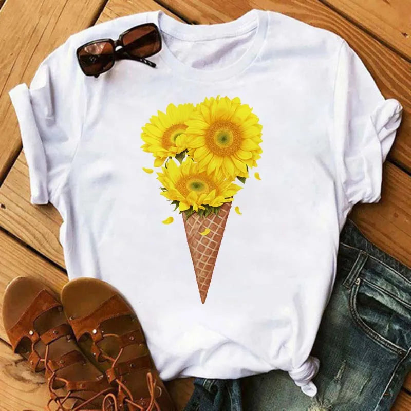 Maycaur Women's T-shirt Casual Kawaii Sunflower Butterfly Pattern Print Tshirt Comfortable Casual Women's Clothing Black Top Elk-Valley 3D