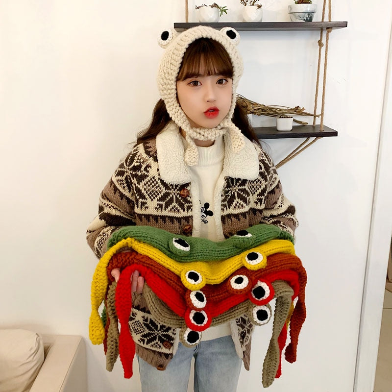 Fashion Frog Hat Beanies Knitted Winter Hat Solid Hip-hop Skullies Knitted Hat Cap Costume Accessory Gifts Warm Winter Bonnet Elk-Valley 3D