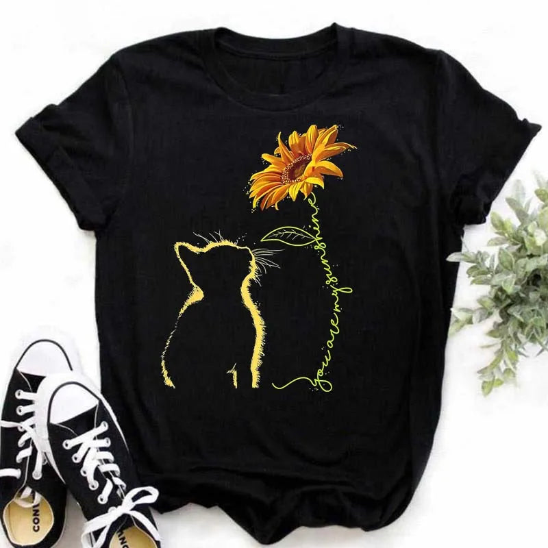 Maycaur Women's T-shirt Casual Kawaii Sunflower Butterfly Pattern Print Tshirt Comfortable Casual Women's Clothing Black Top Elk-Valley 3D