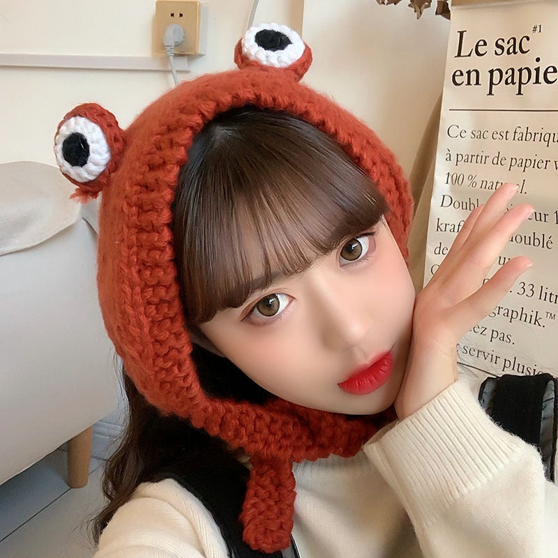 Fashion Frog Hat Beanies Knitted Winter Hat Solid Hip-hop Skullies Knitted Hat Cap Costume Accessory Gifts Warm Winter Bonnet Elk-Valley 3D