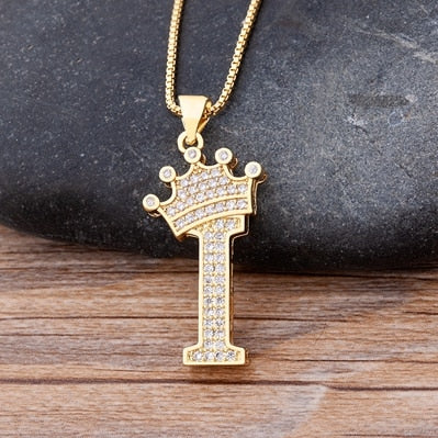 Nidin New Luxury Copper Zircon A-Z Crown Alphabet Pendant Chain Necklace Hip-Hop Style Fashion Woman Man Initial Name Jewelry Elk-Valley 3D