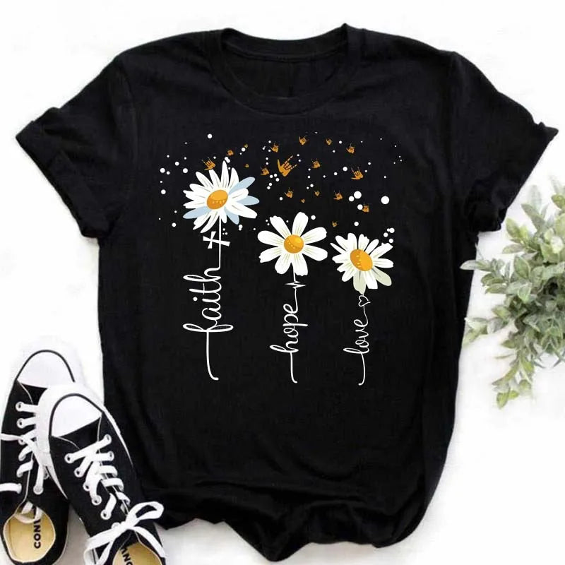 Maycaur Women's T-shirt Casual Kawaii Sunflower Butterfly Pattern Print Tshirt Comfortable Casual Women's Clothing Black Top Elk-Valley 3D
