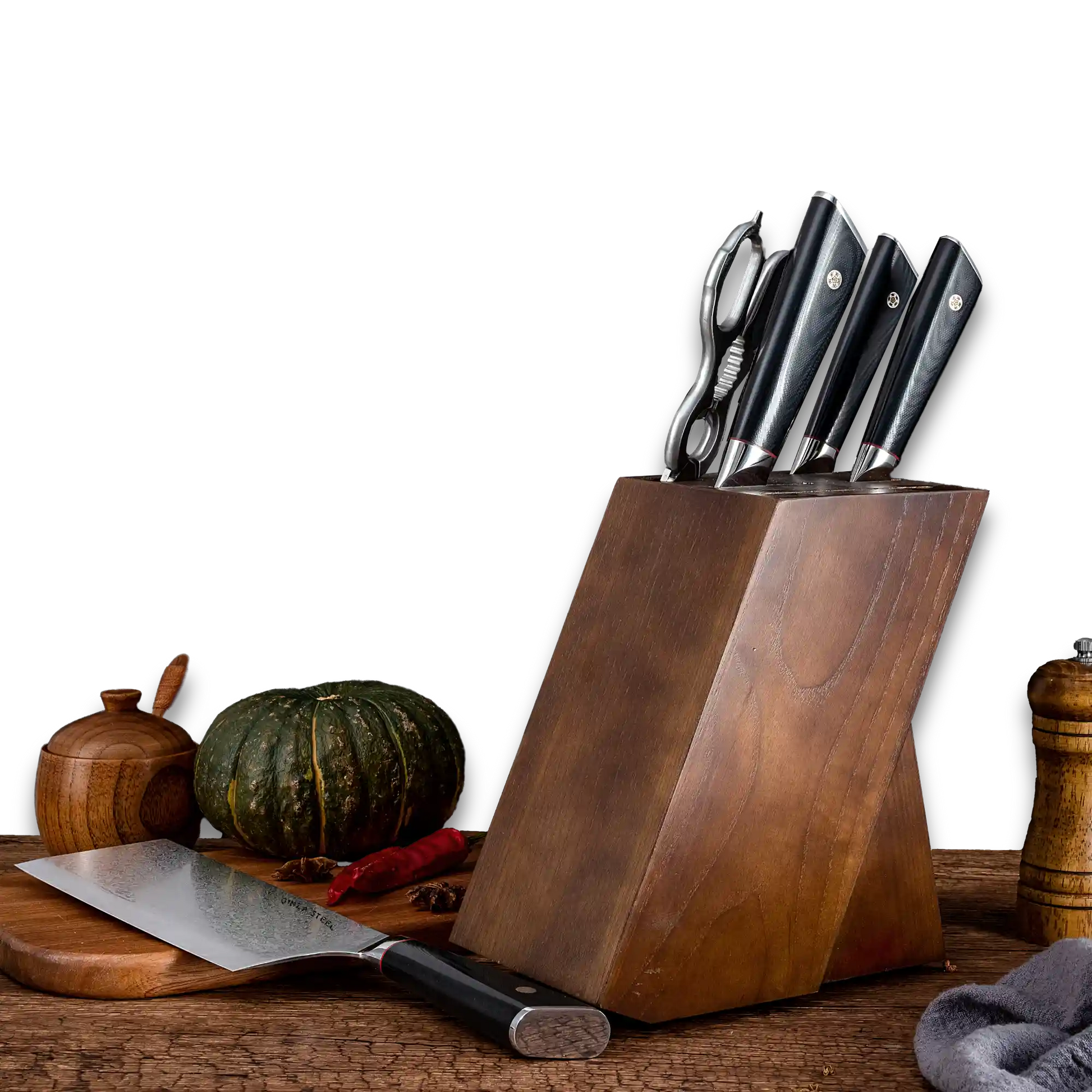 HAGAKURE SIX | Essential 6 pcs Knife set | 4 Knives, 1 Shears with Wood Block Ginza Steel