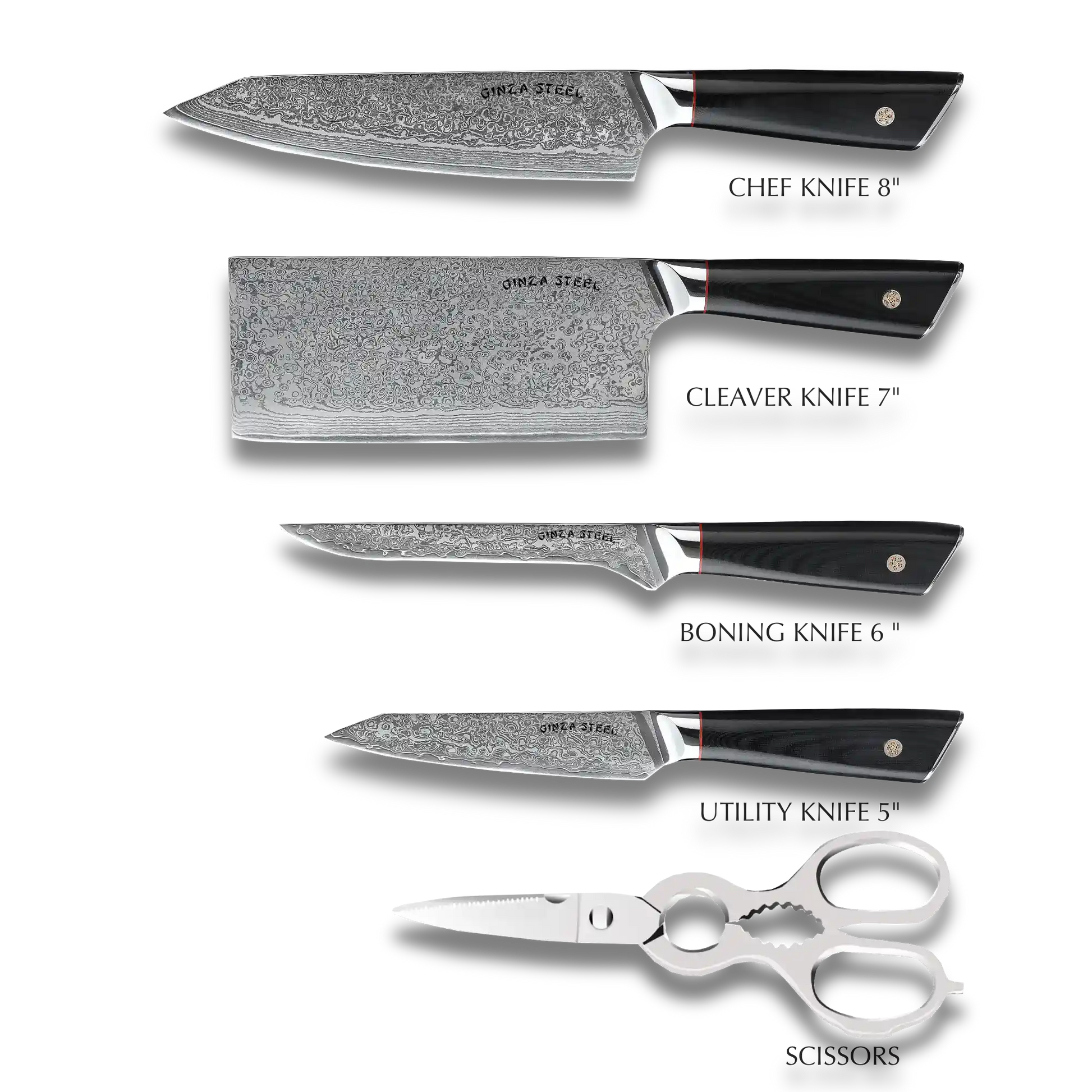 HAGAKURE SIX | Essential 6 pcs Knife set | 4 Knives, 1 Shears with Wood Block Ginza Steel