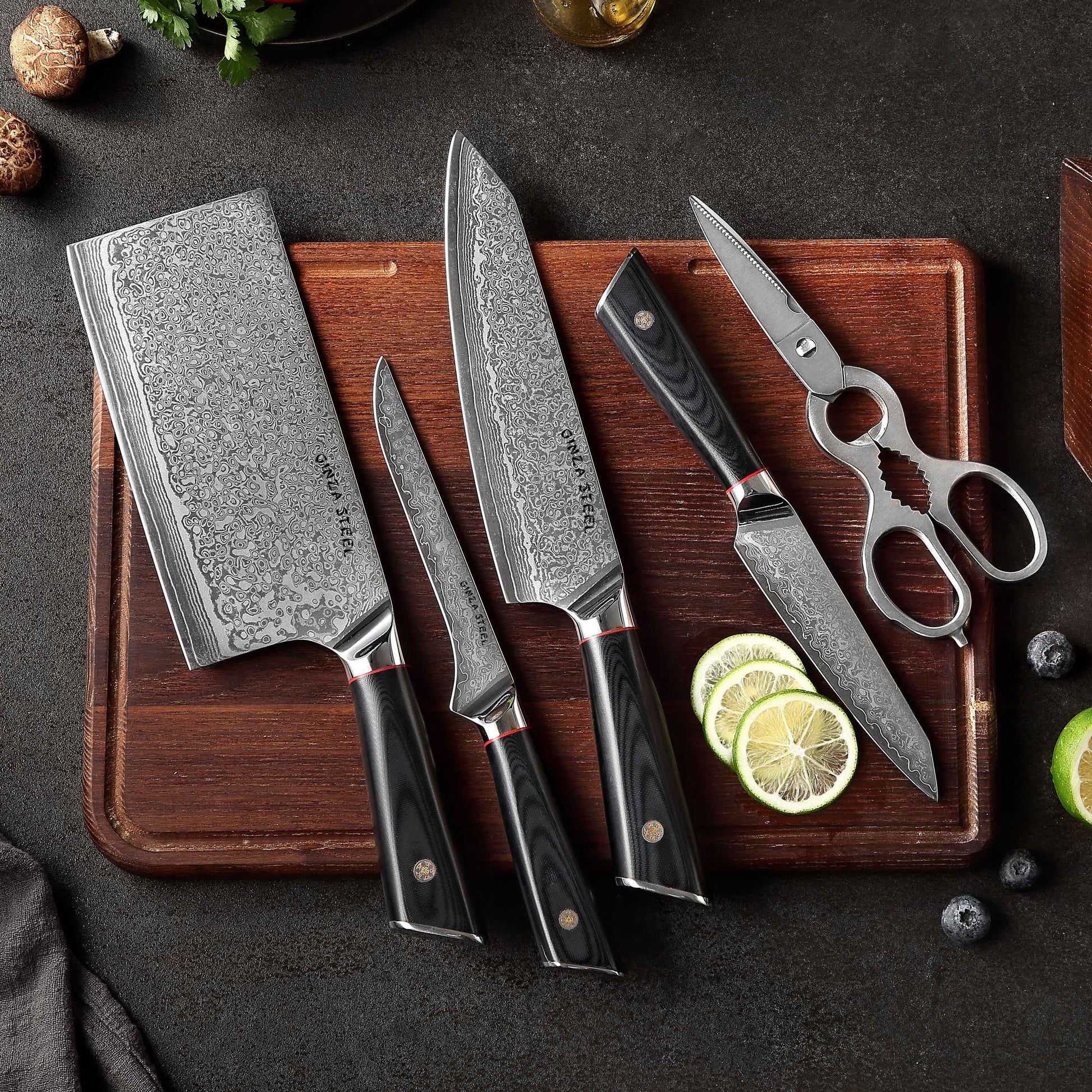 HAGAKURE SIX | Essential 6 pcs Knife set | 4 Knives, 1 Shears with Wood Block Ginza Steel