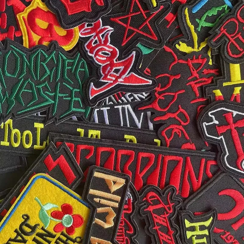5PCS/ Text Clothing Stickers Fabric Applique Embroidery Iron On Patches,Punk Rock Music Band Badges Clothes Striped Sewing Patch Elk-Valley 3D