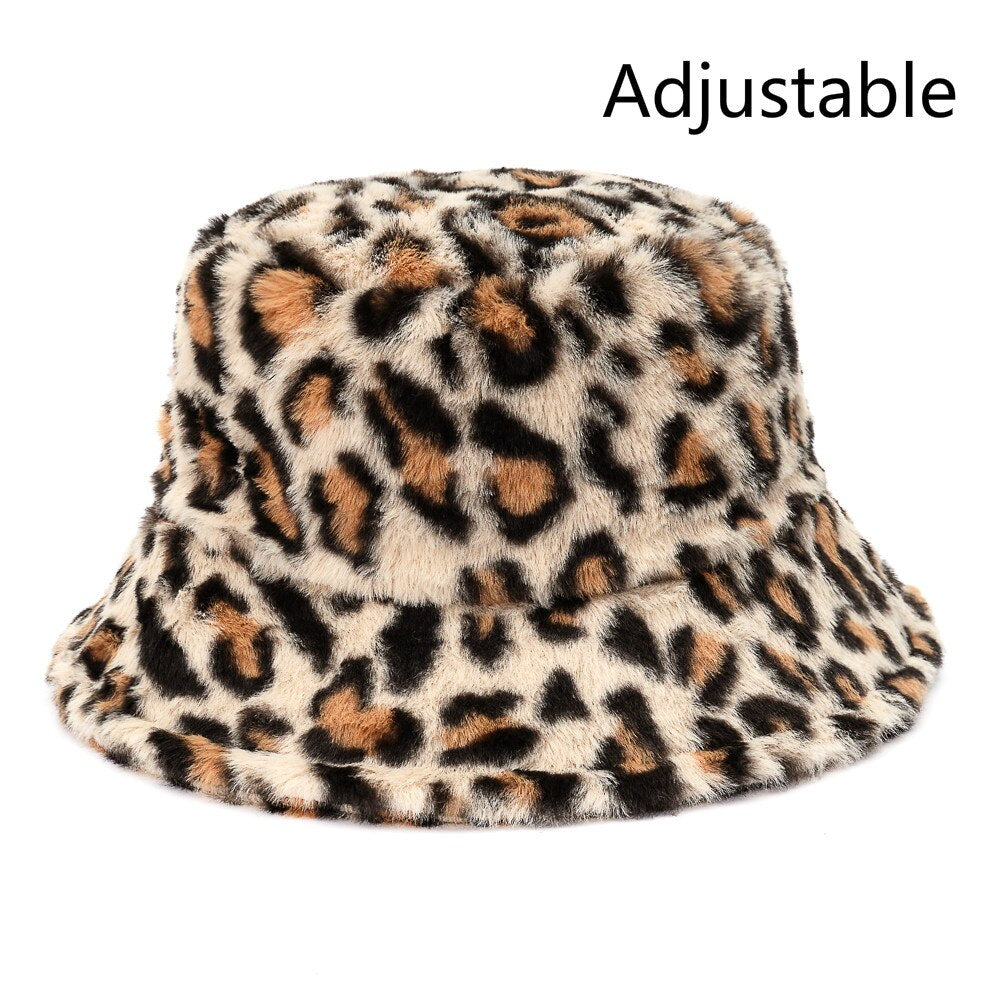 Winter Cow Leopard Faux Fur Fluffy Bucket Hats Women Outdoor Warm Sun Hat Soft Velvet Furry Fisherman Cap Girl Fashion Panama Elk-Valley 3D