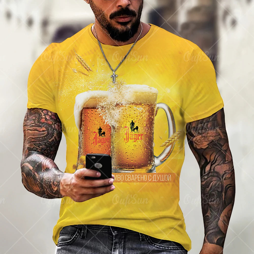 Beer 3D Print Men's T-Shirts Summer Polyester O-Neck Breathable Short Sleeve Loose Tops Tees Oversized T Shirt Men Clothing Elk-Valley 3D