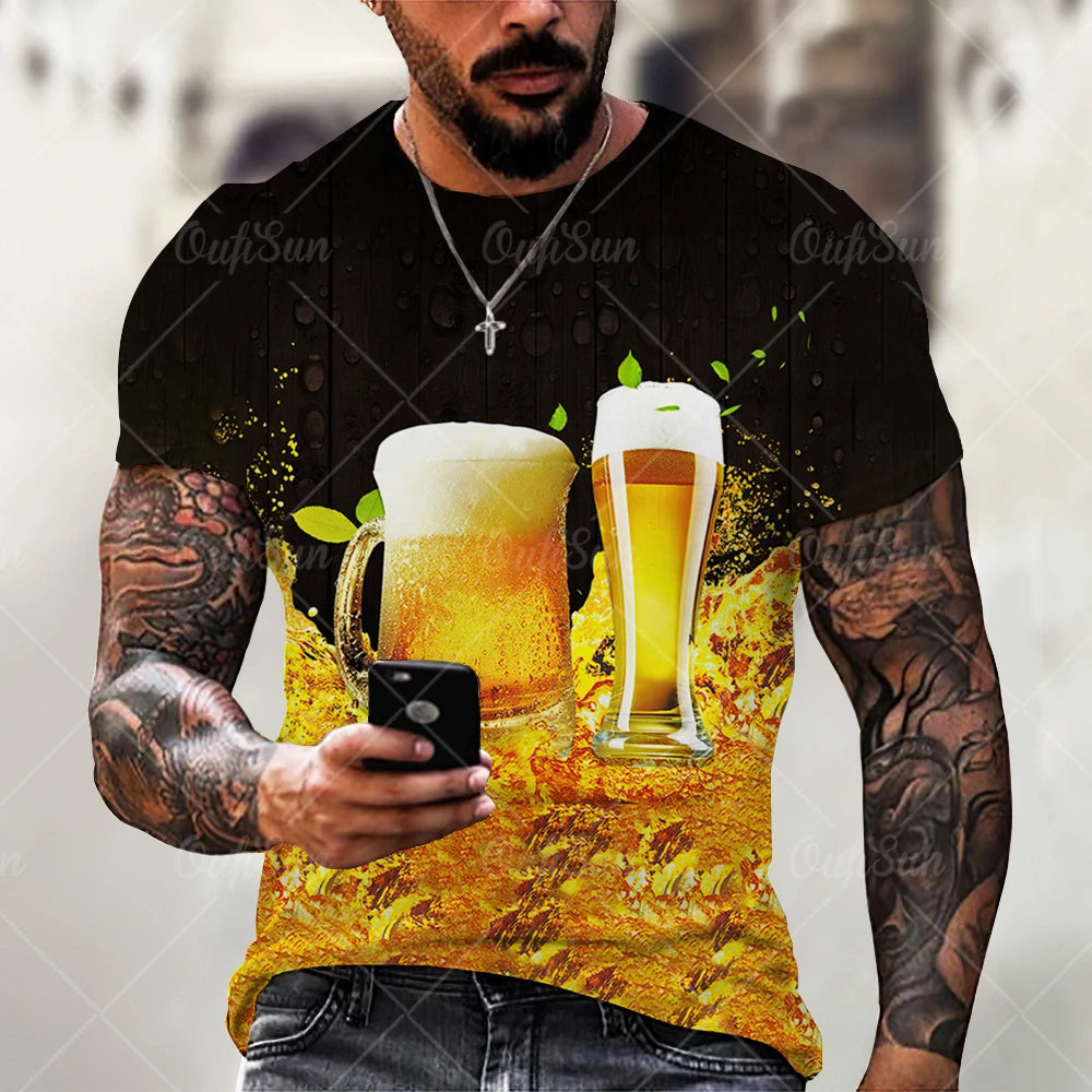 Beer 3D Print Men's T-Shirts Summer Polyester O-Neck Breathable Short Sleeve Loose Tops Tees Oversized T Shirt Men Clothing Elk-Valley 3D
