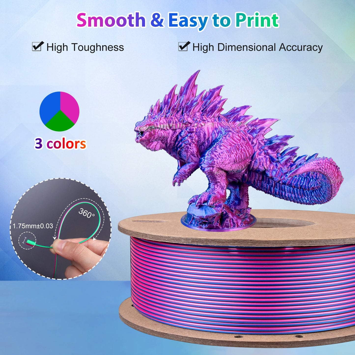 Silk PLA 3D Printer Filament 1.75mm, Dimensional Accuracy +/- 0.03 mm, 500g (250g x 2) Pack，Fit Most FDM 3D Printer ﻿
