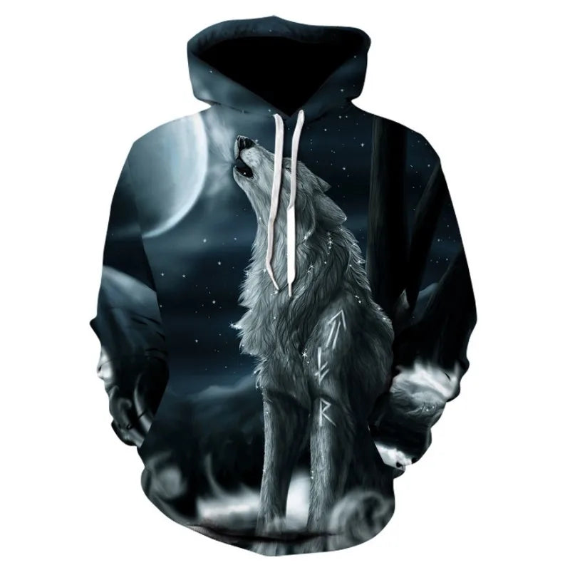 2023 Men's Oversized Hoodie 3D Wolf Animals Pattern Ferocious Warrior Fashion Sweatshirt Loose Street Funny Tracksuits Fitness Elk-Valley 3D