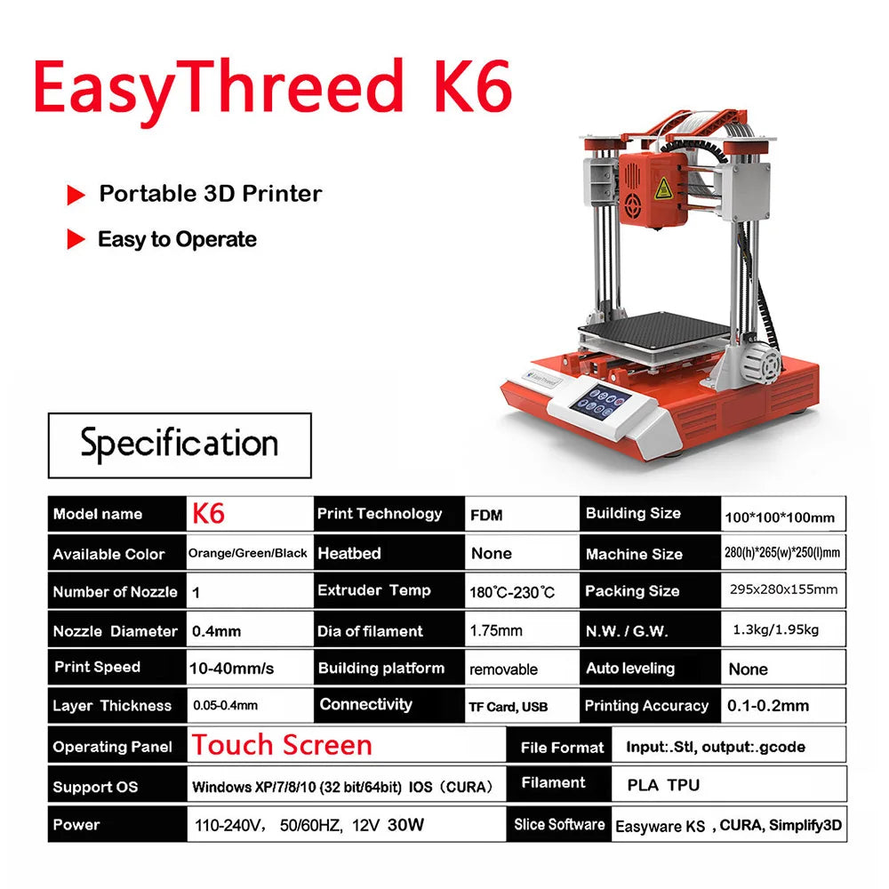 EasyThreed K6 3D Printer FDM Desktop Printing Machine 100x100x100mm/4x4x4inches Removable Platform with 2.4'' Touchscreen Elk-Valley 3D