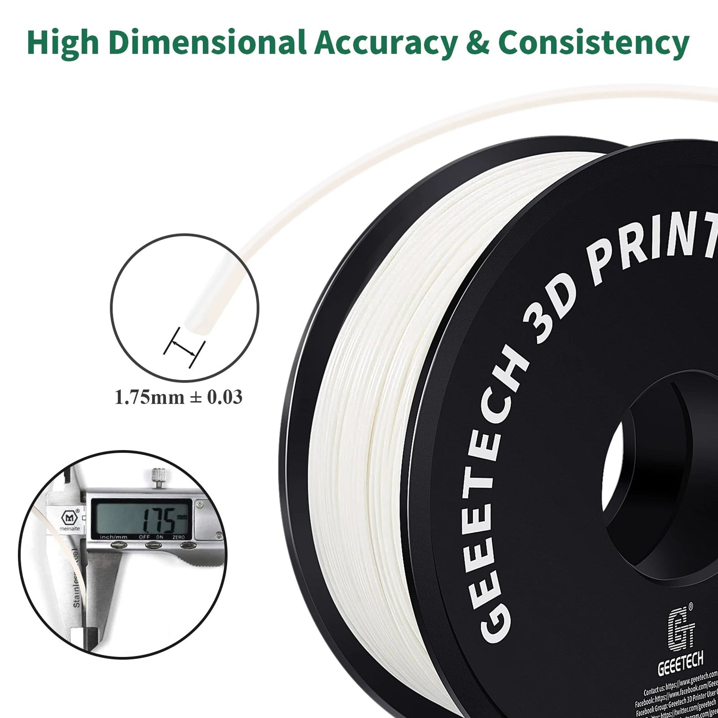 Geeetech  ABS+ 3D Filament 1.75mm 1KG plastic, 3D Printer Material, Tangle-Free, Non-Toxic, Vacuum Packaging White Black Elk-Valley 3D
