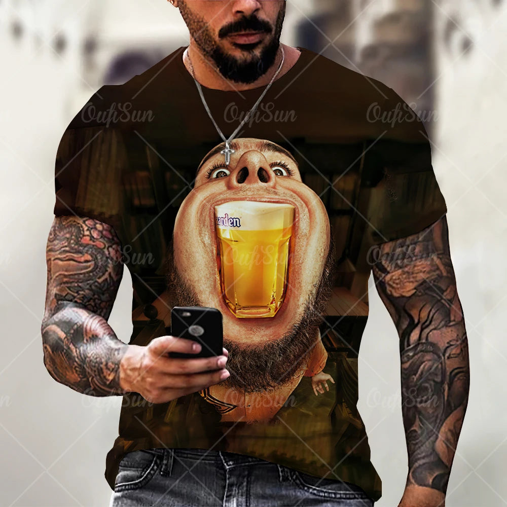 Beer 3D Print Men's T-Shirts Summer Polyester O-Neck Breathable Short Sleeve Loose Tops Tees Oversized T Shirt Men Clothing Elk-Valley 3D