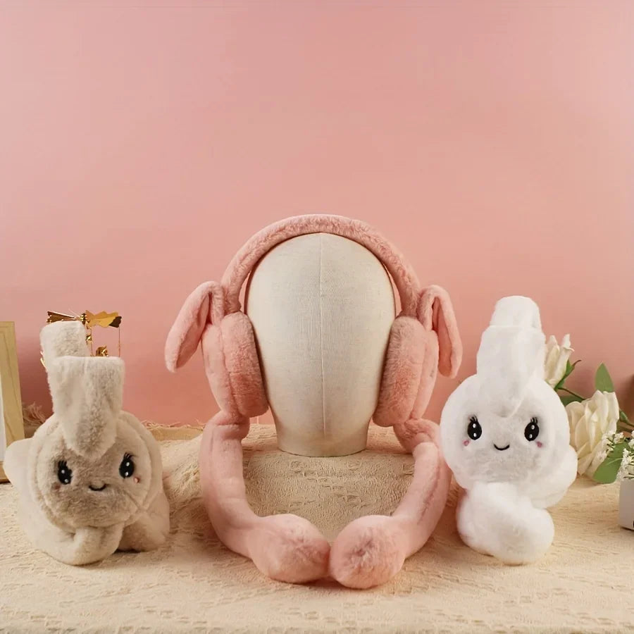 Cartoon Bunny Ear Warmers Plush Knitted Stretchable Polyester Ear Muffs Reusable Cozy Ear Covers for Winter Hand Wash Care Elk-Valley 3D