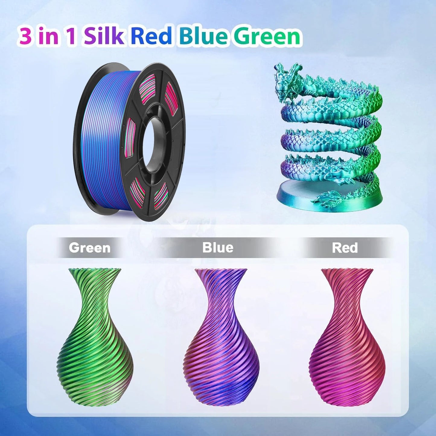 Tricolor Silk PLA 3D Printer Filament 1.75mm 250g(0.55lbs) Spool, High Precision Printing Material for Most FDM 3D Printers Elk-Valley 3D