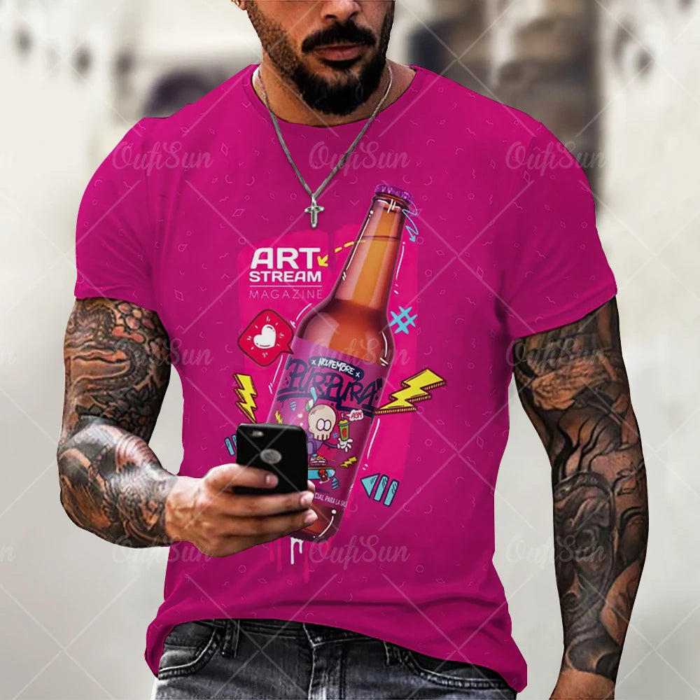 Beer 3D Print Men's T-Shirts Summer Polyester O-Neck Breathable Short Sleeve Loose Tops Tees Oversized T Shirt Men Clothing Elk-Valley 3D