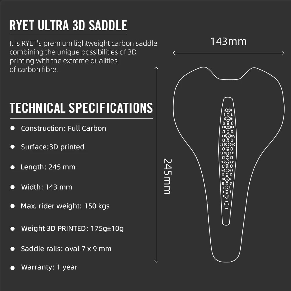 RYET Carbon 3D Printed Saddle Ultralight 175g 7*9 Bike Seating For Men Women Triathlon Road MTB Mountain Gravel Cycling Parts Elk-Valley 3D