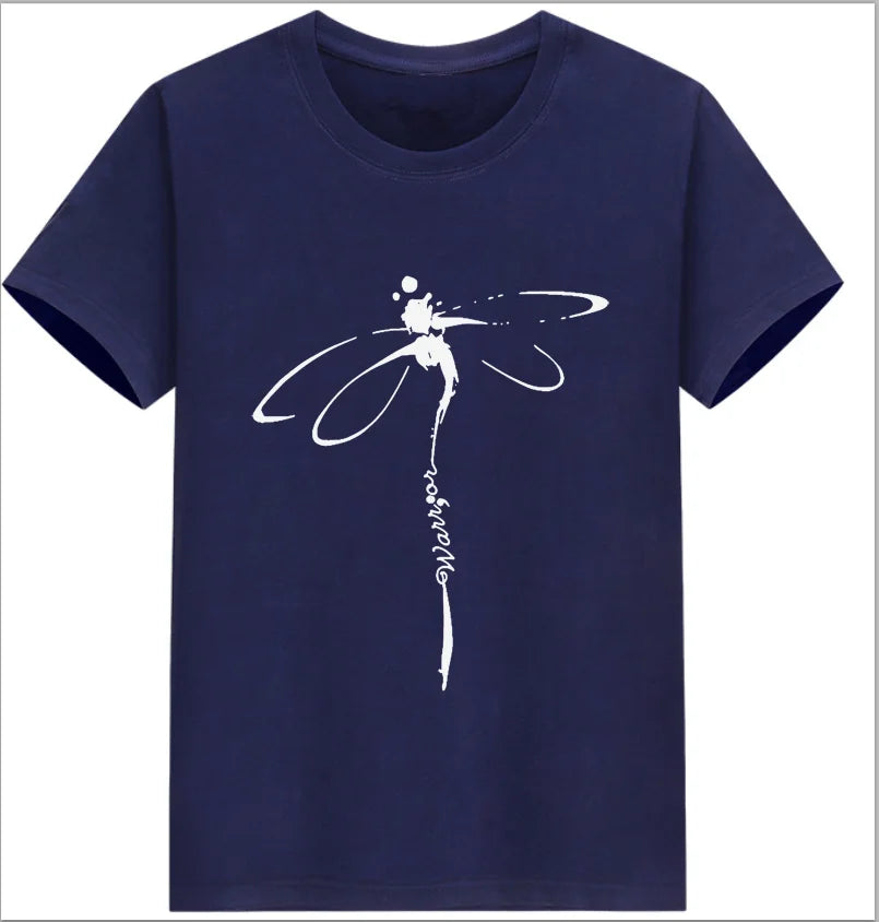 Tops Dragonfly Printed Original Collar Casual Base Shirt Short-sleeved Women's T-shirt Oversized T Shirt Clothes Tees Elk-Valley 3D