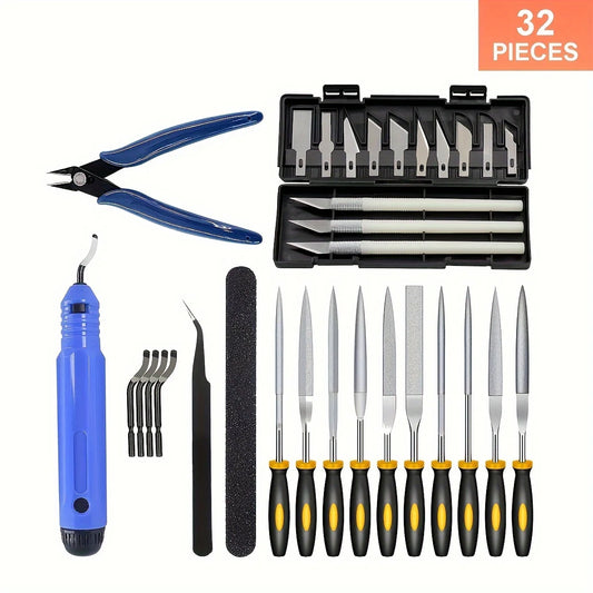 32-Piece 3D Print Tool Kit - Comprehensive Set for Deburbing, Cleaning, Finishing, and Printing - Uncharged, Multi-Functional Ac