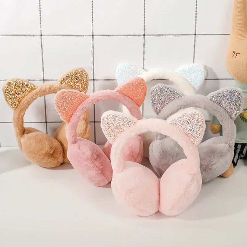 Winter Warm Cat Ear Warmers Glitter Ears Plush Earmuffs for Women Playful Girls Ear Muffs Cold Protection Warm Hot Elk-Valley 3D