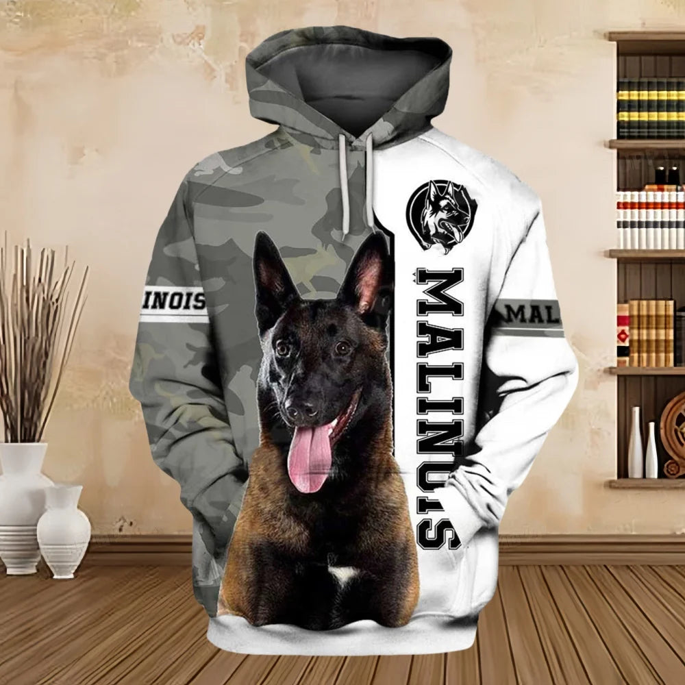 2024 New Hoodies 3D Graphic Silver Ribbon Hoodies Animals Dog Belgian Malinois Sweatshirts Casual Harajuku Sportswear Clothing Elk-Valley 3D