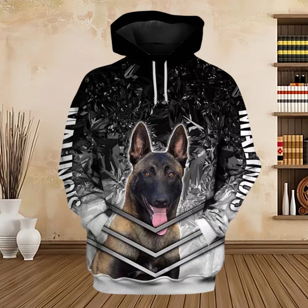 2024 New Hoodies 3D Graphic Silver Ribbon Hoodies Animals Dog Belgian Malinois Sweatshirts Casual Harajuku Sportswear Clothing Elk-Valley 3D