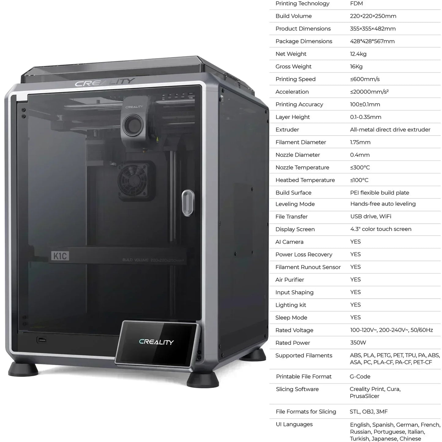 CREALITY K1C 3D Printer 600mm/S Speed with AI Camera Printing  Dual Fan Direct Cooling Drive Extruder Stable Frame Auto Levelin